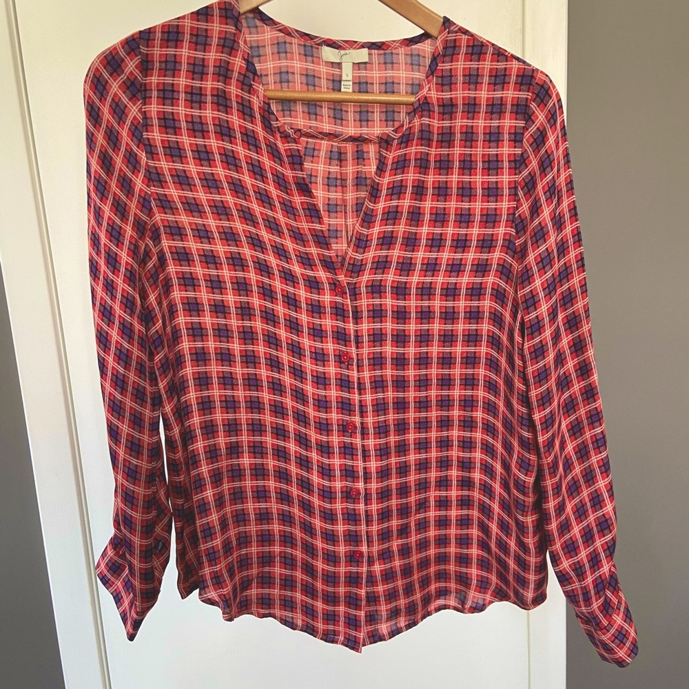 100% Silk Pink and Purple Plaid Blouse